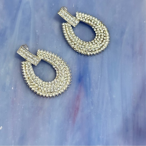 Elegant Silver Hoop Earrings Crystal Sparkles Post - Picture 3 of 8